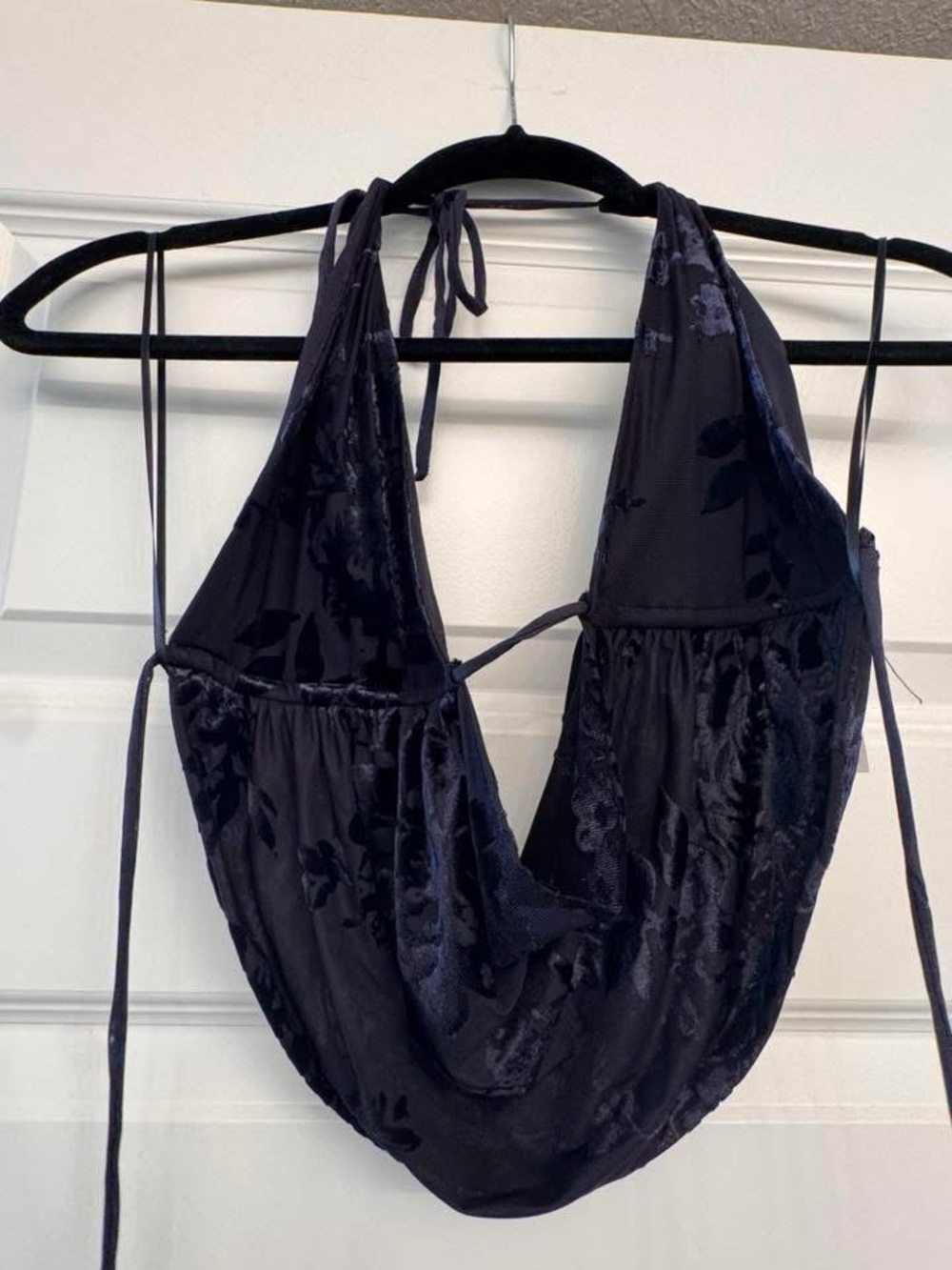 Garage Navy Velvet Floral Halter Top